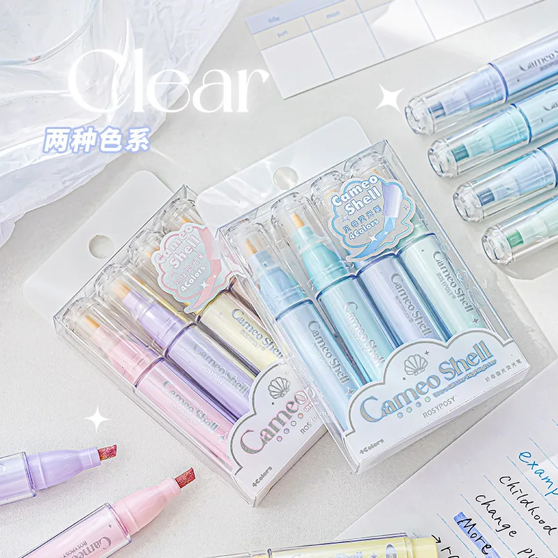 소녀 스크랩북 페인트 마커 문구류, 귀여운 학교 용품, 반짝이는 카메오 쉘, 반짝이 하이라이터, 투명하고 미적, 박스 당 4 개
