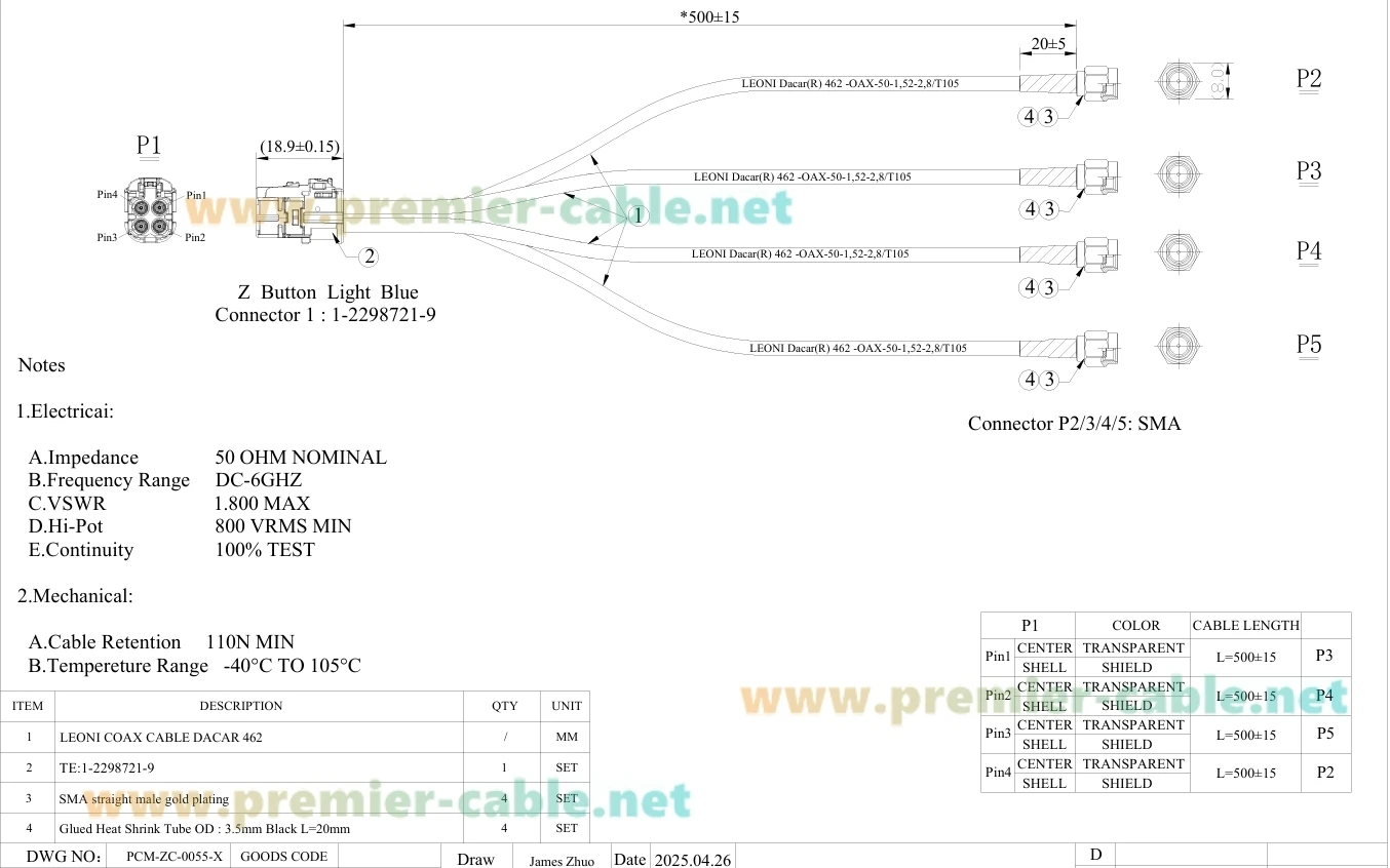 TE Mate-AX 1-2298721-9 4-in-1 Mini Fakra Z Buchse auf 4 SMA Stecker Fahrzeug-Koaxialkabel 50 Ohm DACAR 462 Automobil-Testkabelbaum – Detail 1