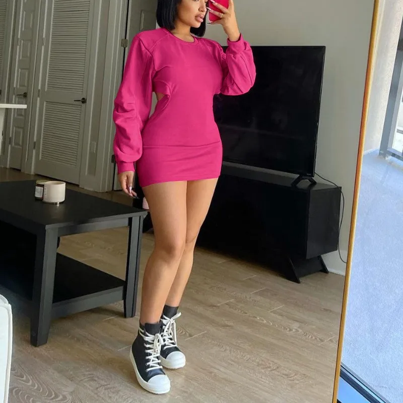 

Women Beach Dress Swimwear Casual 2023 New Sweaters Slim Fit Back Open High Waist Long Sleeve For Solid Spandex Bath Sundress