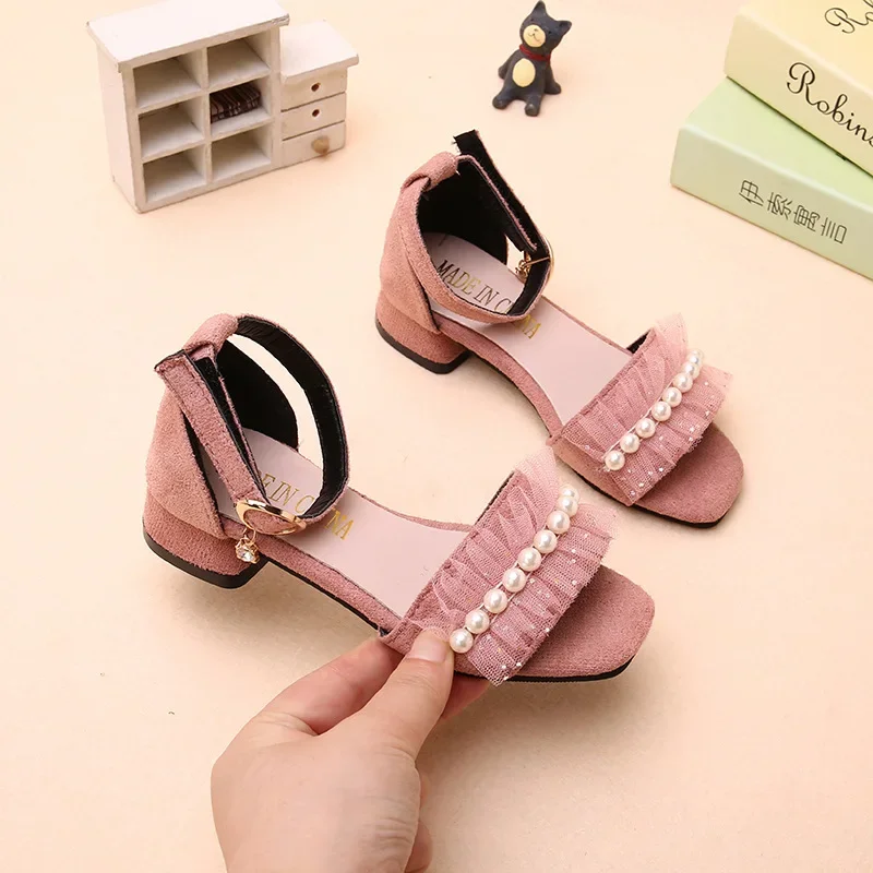 Elegant Girls Fashion High-heels Sandals Wedding Party Summer Children Princess Shoes Sweet Lace Kids Causal Sandals Ankle-strap