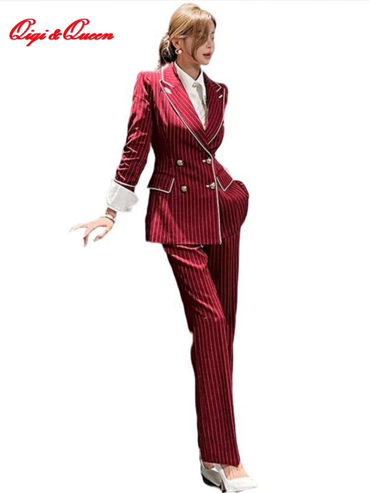 

Qiqi&queen 2023 Autumn Winter Striped Occupation 2 Pants Suit Women Double-Breasted Suit & Simple Pants Korean Casual Work Set