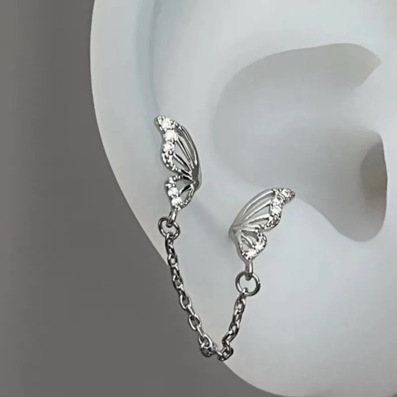 Tiny Sweet Tassel Butterfly Stud Earrings for Women Simple Korean Double Ear Hole Tassel Chain Earring Party Jewelry