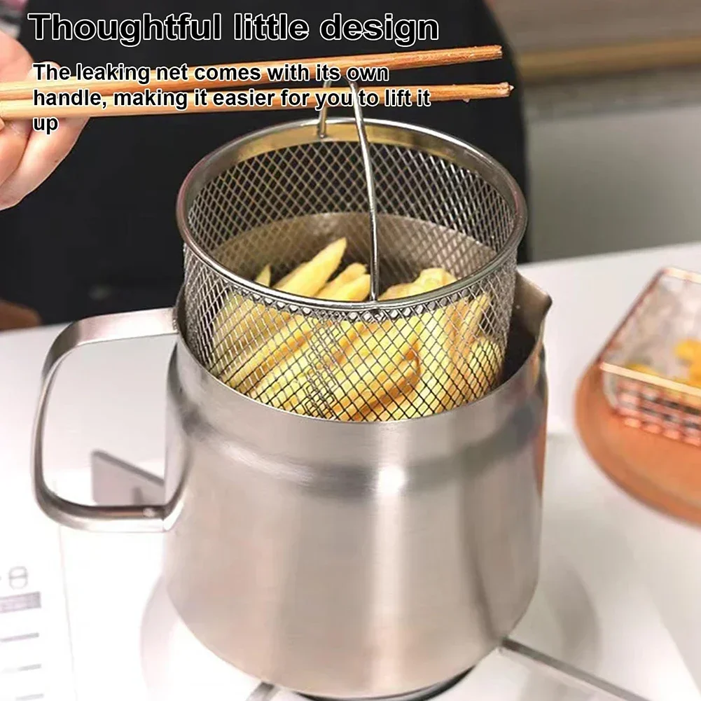 1pcs 304 Stainless Steel Oil Filter Kettle Small Frying Pan With Frying Net Kitchen Tools Gadgets Cooking Tool