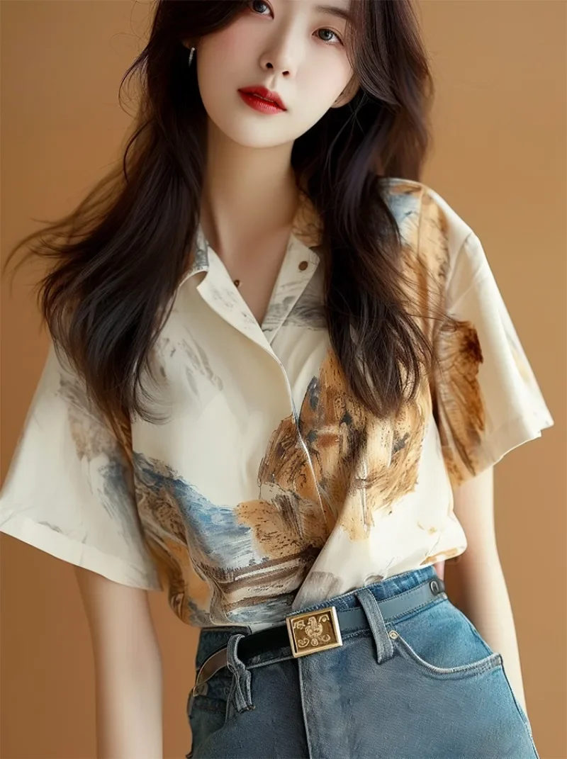 Chiffon Women's Shirt Summer Prints Vintage Blouses Loose Short Sleeve Women Tops Fashion Turn-down Collar Clothing 2024 Korean