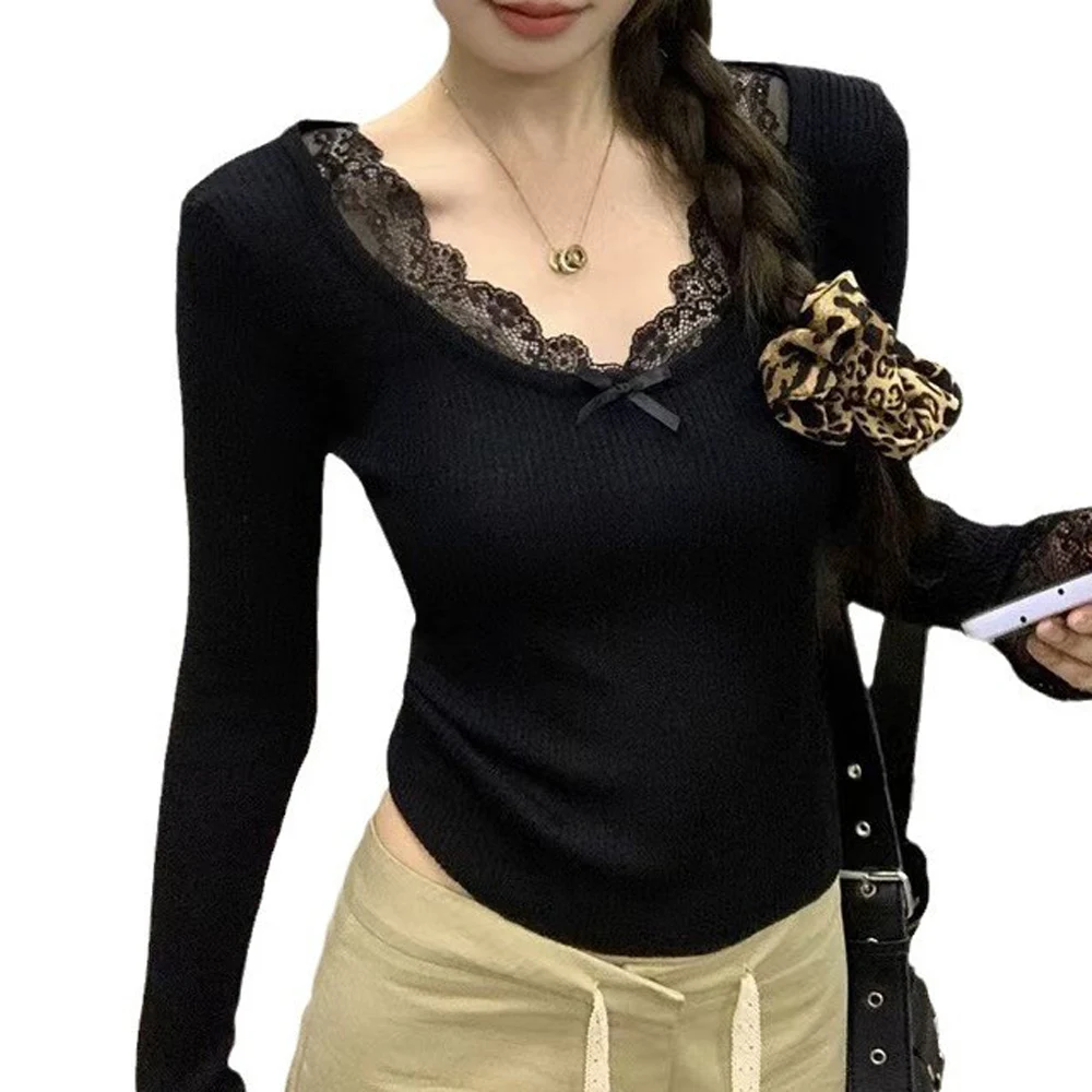 Lace Patchwork Knitted Sweater Top for Women