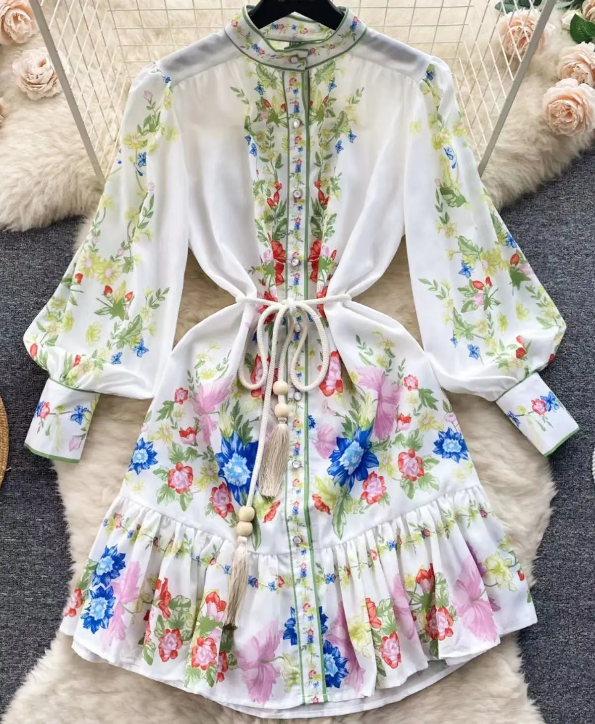 

2023 Autumn Elegant Sweet Standing Neck Lantern Long Sleeve Printed Dress Women's Lace up Waist Short Dresses