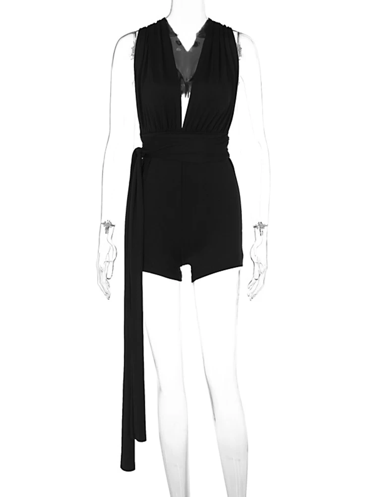Sibybo Women Romper Shorts Sexy Deep V-tied Sleeveless Halter Romper Solid Color Stylish Lace-up Shorts Summer Ladies Streetwear