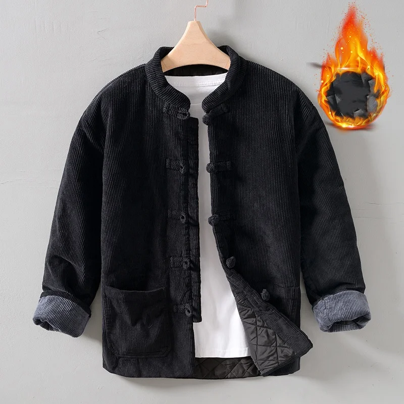 Winter Men's Traditional Chinese Warm Cotton Padded Jacket Long Sleeve Corduroy Tang Suit Stand-Up Collar Kung Fu Outerwear 6