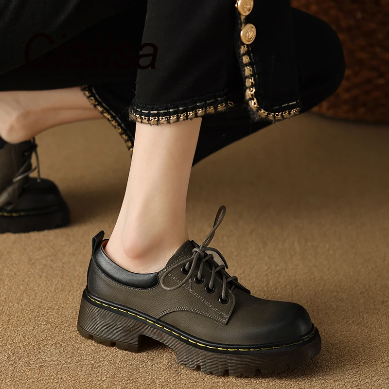 

Cialisa 2023 Spring Women Shoes High Quality Round Toe Casual Cross-Tied Genuine Leather Chunky Heels Footwear Platform Loafers
