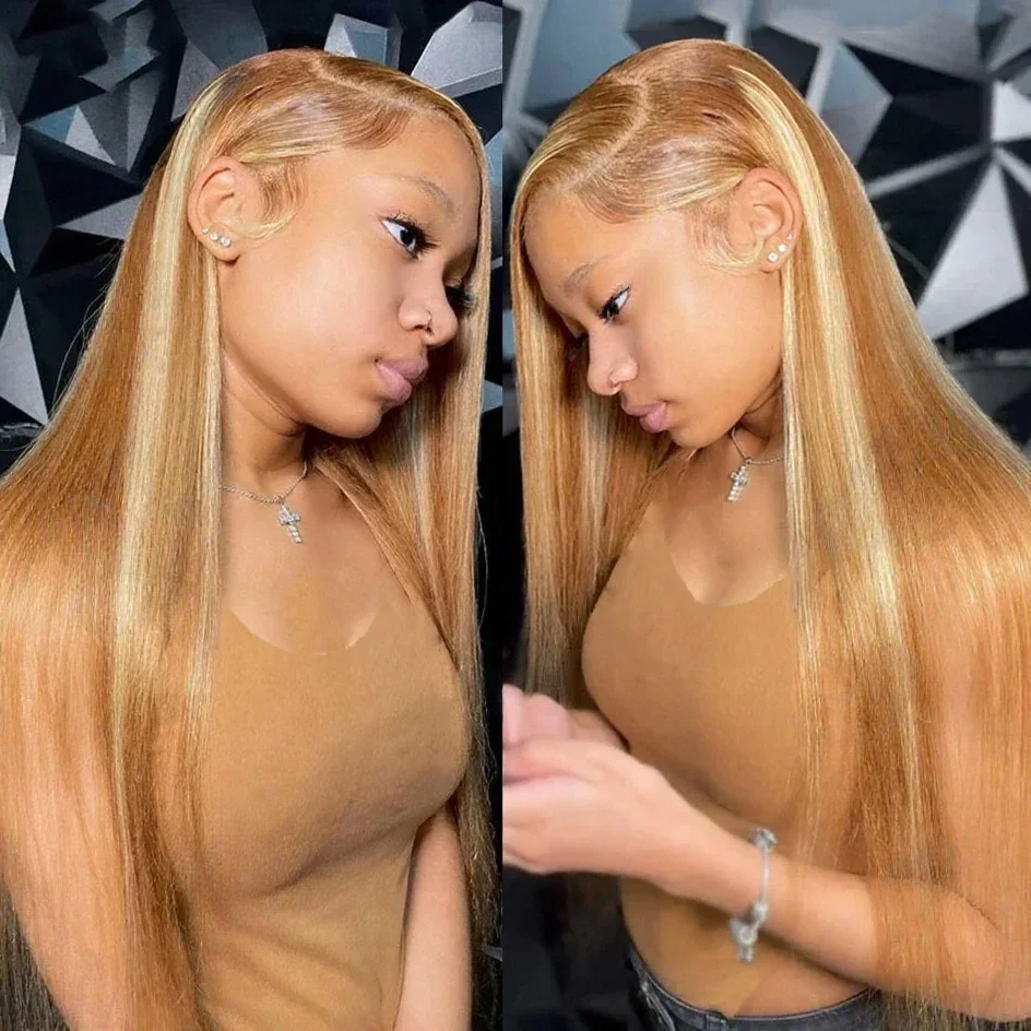 13X6 Ombre Honey Blonde Lace Frontal Wigs Highlight Bone Straight Hd Synthetic Ombre 613 Blonde Colored Front Wig For Women 5