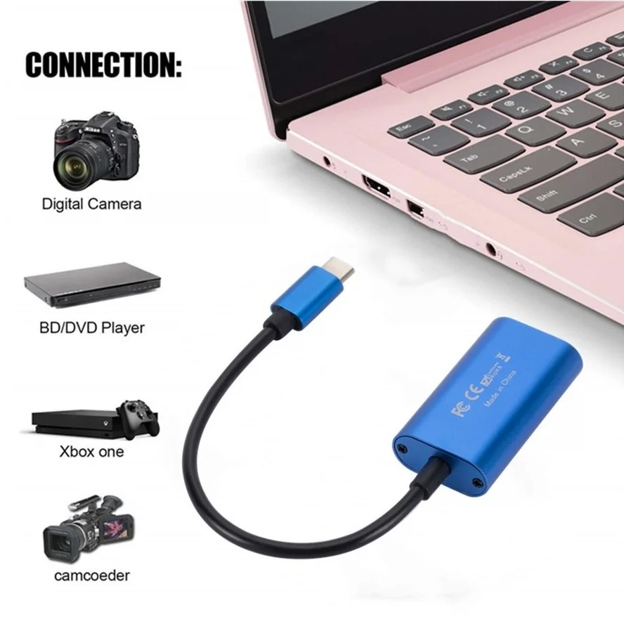 Video Capture Adapter Portable HD 1080P Type C to HDMI for PC Game Camera Recording