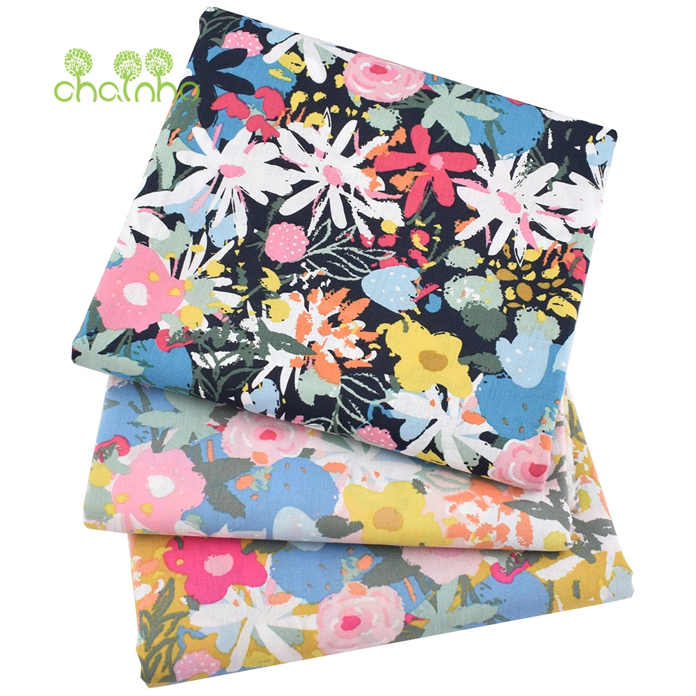 Chainho,Printed Plain Weave Poplin Cotton Fabric,DIY Sewing Quilting Material,Patchwork Cloth,Floral Series,3 Sizes,15PC137