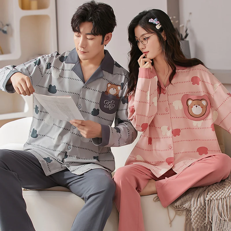 Autumn Spring Couple Pijama Knited Cotton Matching Pajamas Sets Long Pant Sleepwear Pyjamas Night Suits  Women Men Homewear fdfklak loose long sleeve pijama female set pyjamas 100% cotton pajamas for women sleepwear homewear sleep lounge autumn winter