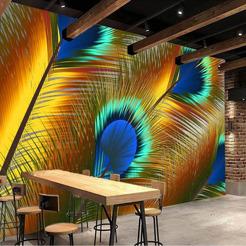 

Custom Self-Adhesive Mura Wallpaper 3D Fashion Colorful Peacock Feathers Background Wall Papel De Parede Home Décor Tapety Art