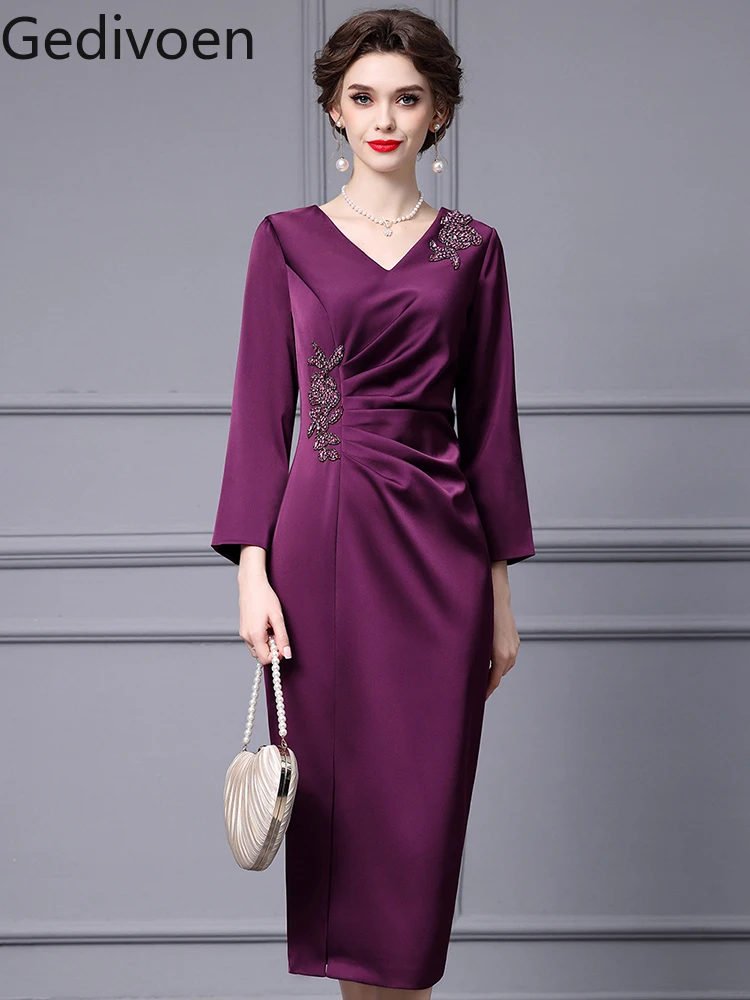 

Gedivoen Fashion Designer Spring Women's Dresses V-Neck Embroidered Flares Embroidery Empire Office Lady Hip-hugging Dress