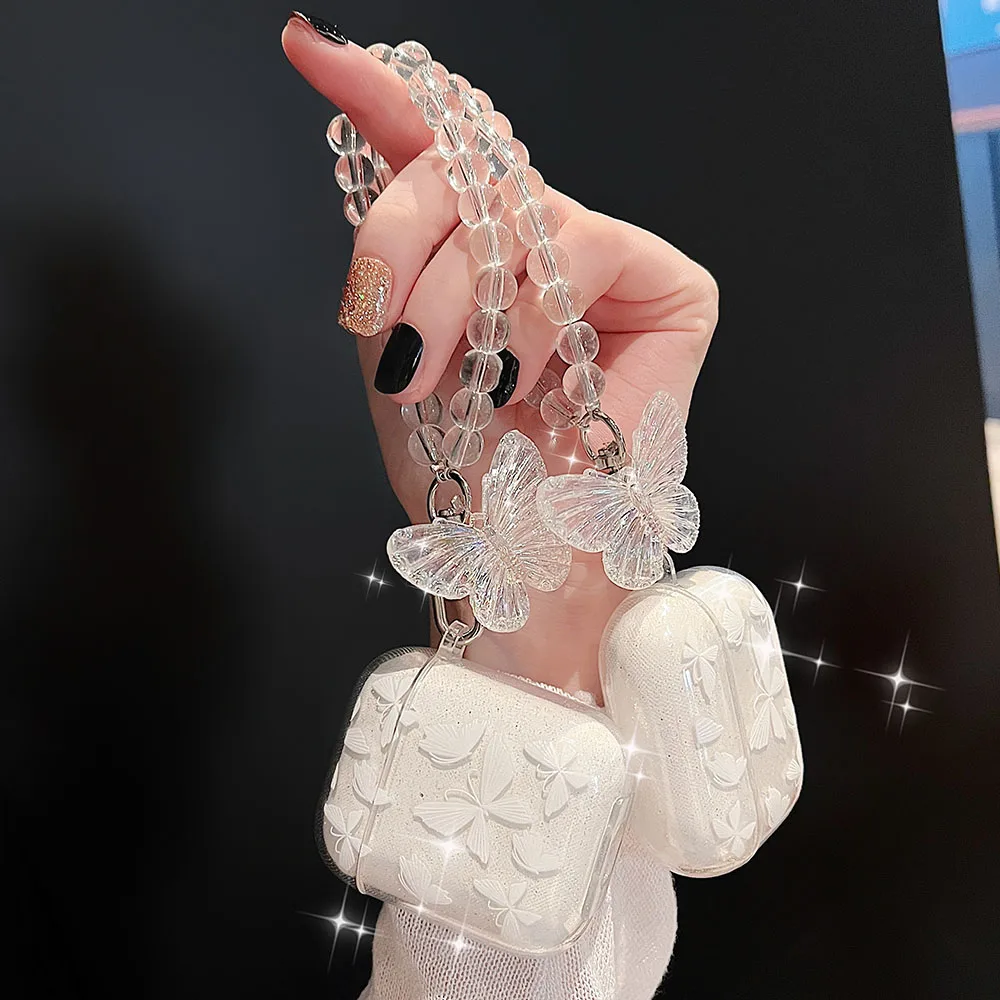 For Apple AirPods 1 2 3 Earphone Case Butterfly Glitter Clear Cases with Keychain Chain for Air Pods Pro 2 Bluetooth Headset Box