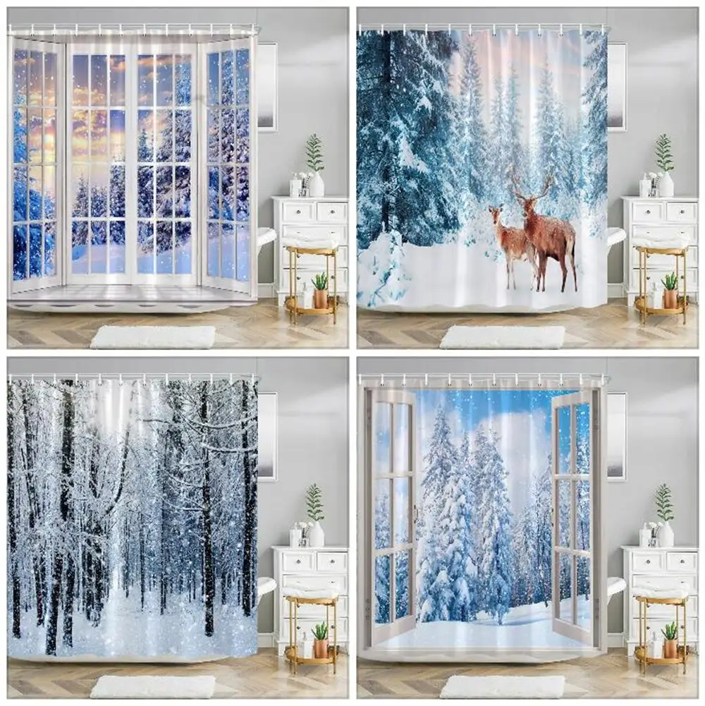 Winter Shower Curtain Snow Covered Forest Idyllic Early Morning Scenery