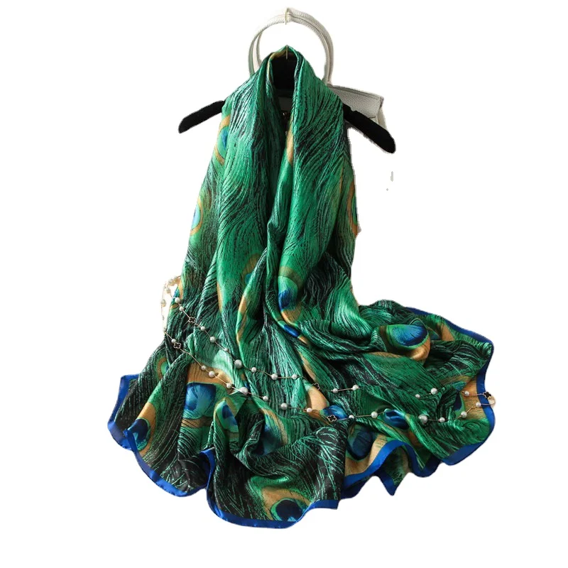 Visual Axles Designer Silk Scarf Women Print Peacock Feathers Shawls and Wraps Luxury Brand Foulard