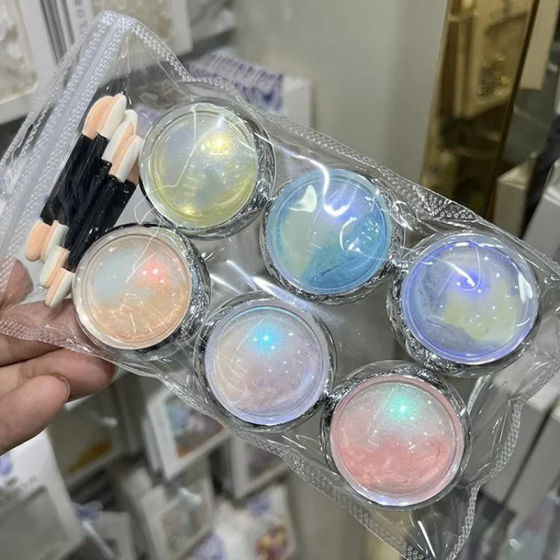 반짝이는 네일 글리터 파우더, 홀로 네일 러빙 더스트, 인어 오로라 미러 효과, 크롬 안료 더스트 매니큐어 장식, 세트 당 6 개, 신제품