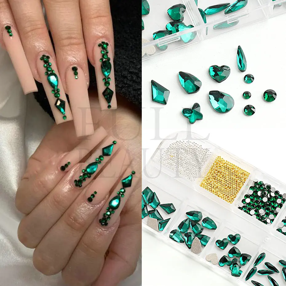 6 Gird Box Blue Nail Rhinestones AB Green Silver 3D Crystal Nails Art  Rhinestone Flatback Glass Diamond Gems Decoration NFYW24 - AliExpress