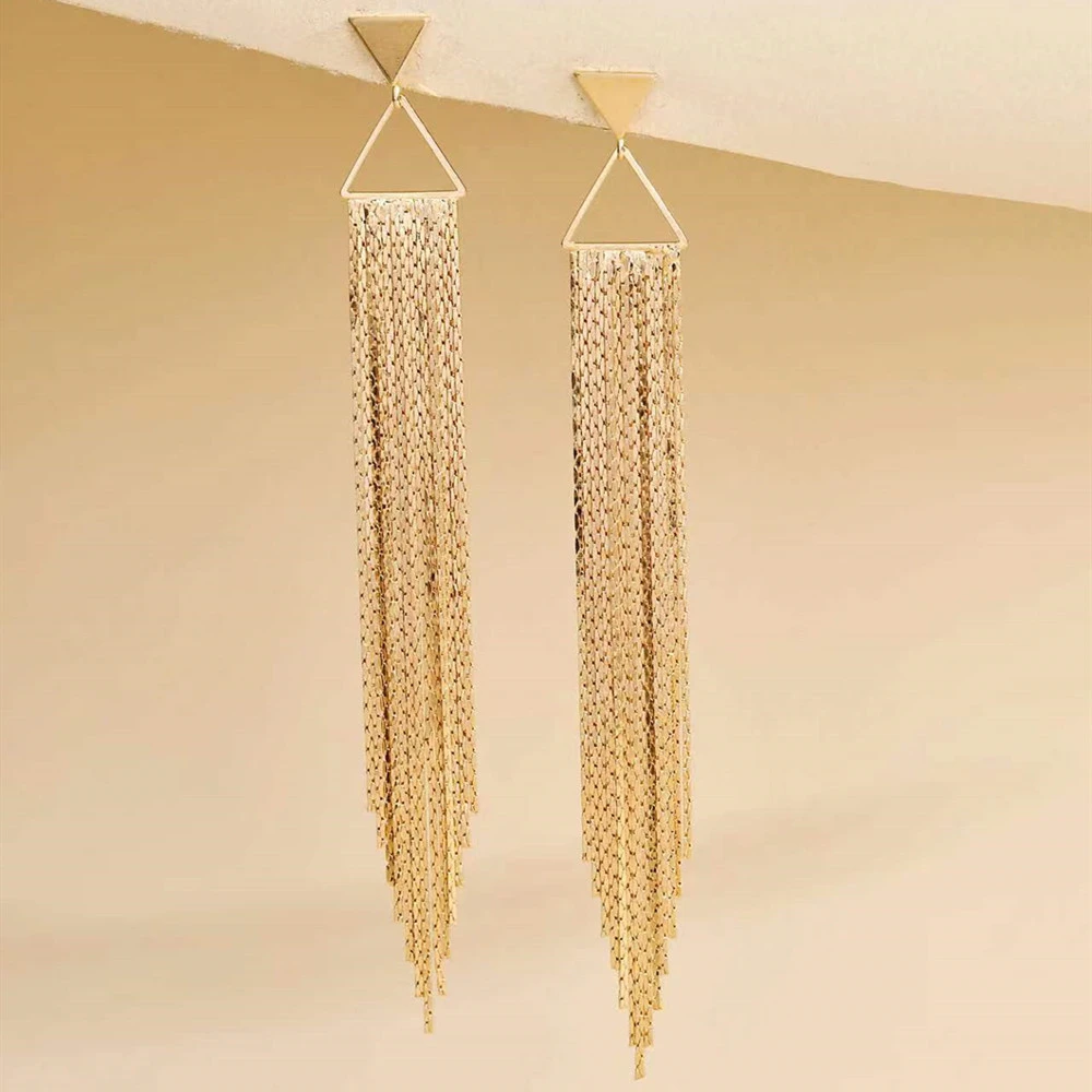 1 Pair Gold Color Alloy Chain Earrings Women Fashion Triangle Tassel Earring Female Fashion Jewelry Ear Stud Dangle Drop Earring