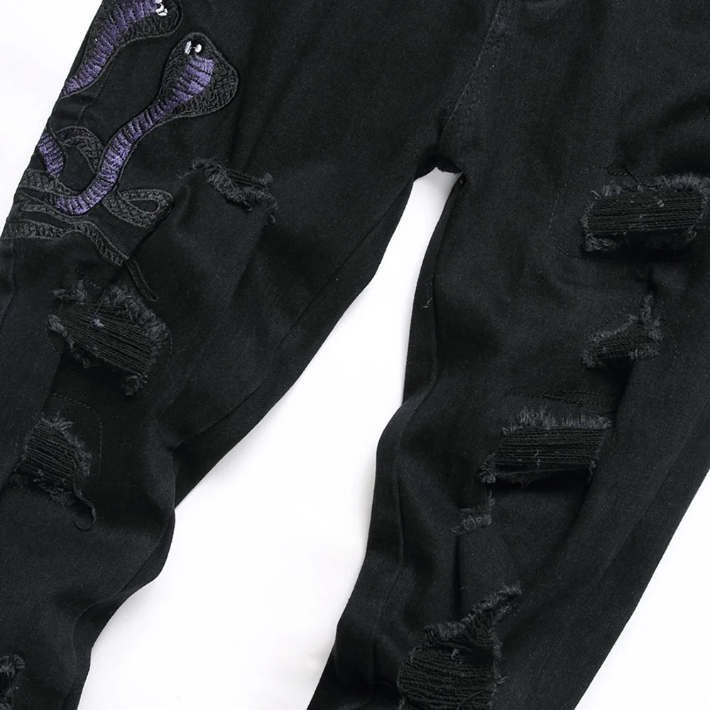 Men Snake Embroidery Jeans Streetwear Black Stretch Denim Pants Holes Ripped Distressed Slim Straight Trousers 3