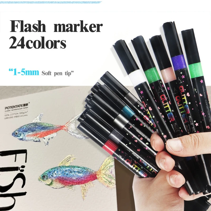 Double Headed Flash Pen Set Soft Tip Ink Writing Painting
