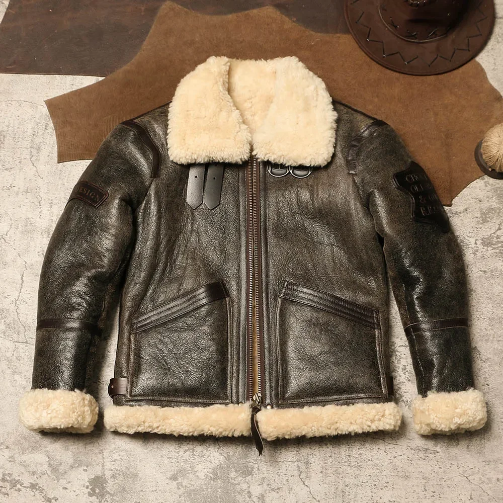 

Winter Ecological Sheepskin Fur Integrated Slim Fit and Warm Genuine Leather Jacket with Retro Work Attire and Turtle Crack Fur