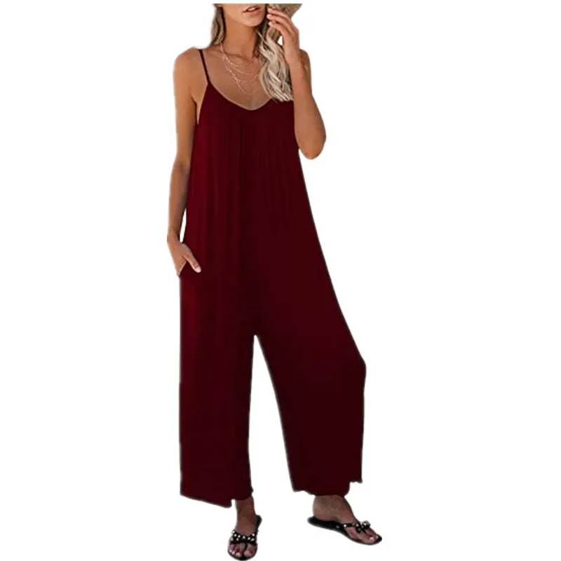 2021 summer new fashion women jumpsuit sleeveless solid loose long playsuit casual v neck bandage backless jumpsuit pants Women's Jumpsuit Pants 2023 Summer New Fashion Solid Color Casual Suspenders Loose Jumpsuit Female