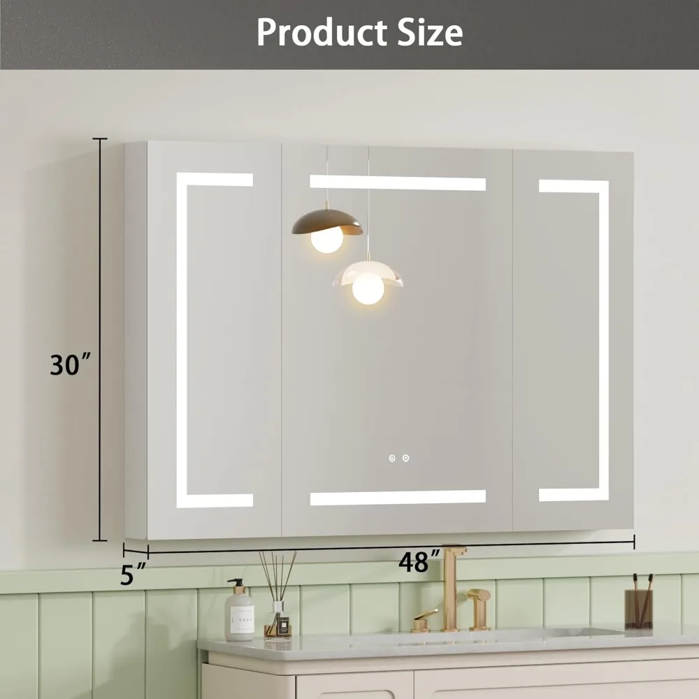 Medicine Cabinet with LED Mirror for Bathroom, 30''x48'' Aluminum, Wall Mounted Surface led Medicine Cabinet, Defog,