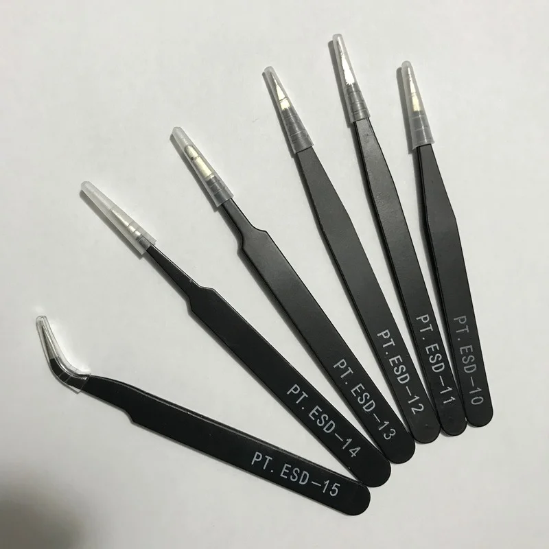 6pcs esd antistatic stainless steel tweezer set maintenance repair tool kit antistatic model making tool hand set esd anti static tweezers