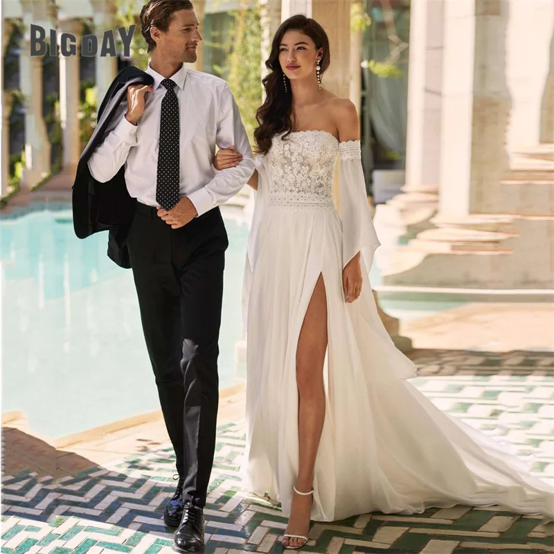 

Elegant A-Line Wedding Dresses Women Lace Open Back Long Sleeve Split Tulle Strapless Bridal Gowns Sweep Train Vestidos De Noiva