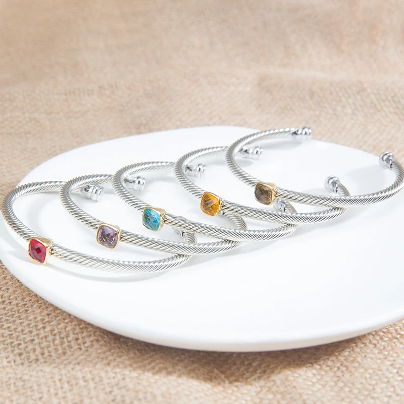 Braccialetto Aperto Placcato Oro Alla Moda Di 4Mm Prasiolite Noblesse David Multi Color Cubic Zirconia Cable Bracciale Gioielli Da Donna