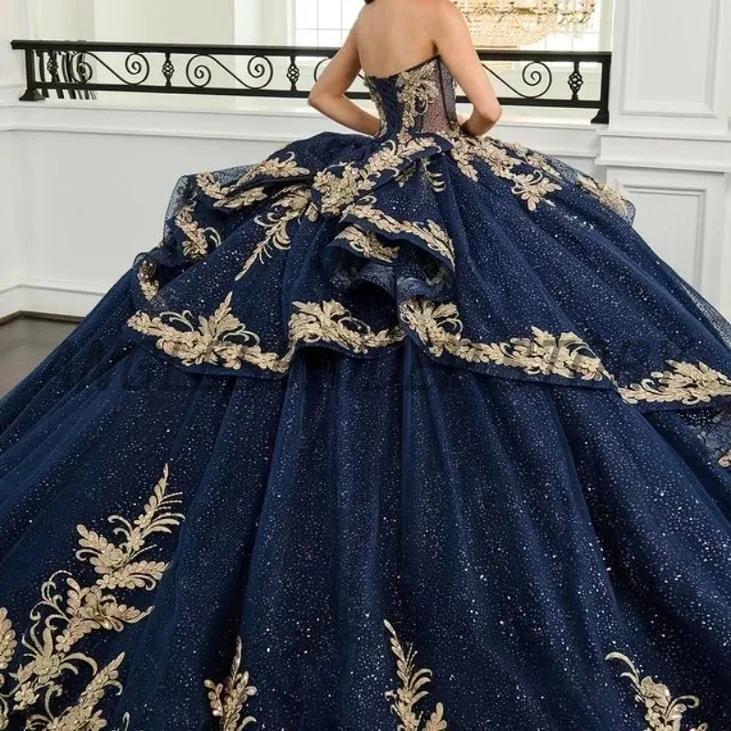 Luxury Navy Blue Quinceanera Dresses Strapless SweetHeart Gold Appliques Beads Crystal Tull Corset Sweet 16 Dress Customized