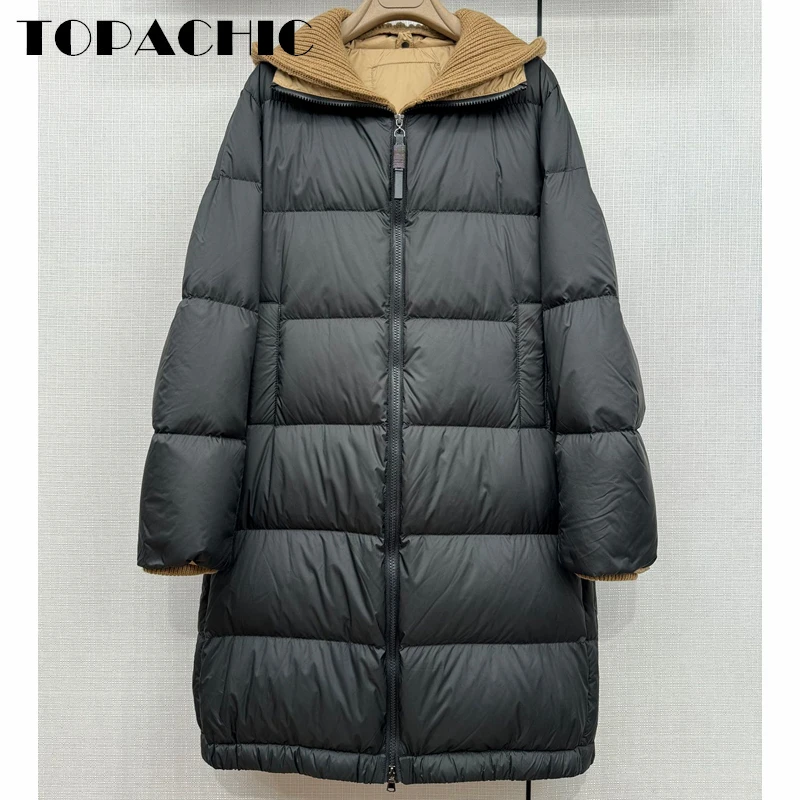 

11.14 TOPACHIC Women's Temperament Contrast Color Hooded Detachable Zipper Keep Warm Midi Goose Down Coat