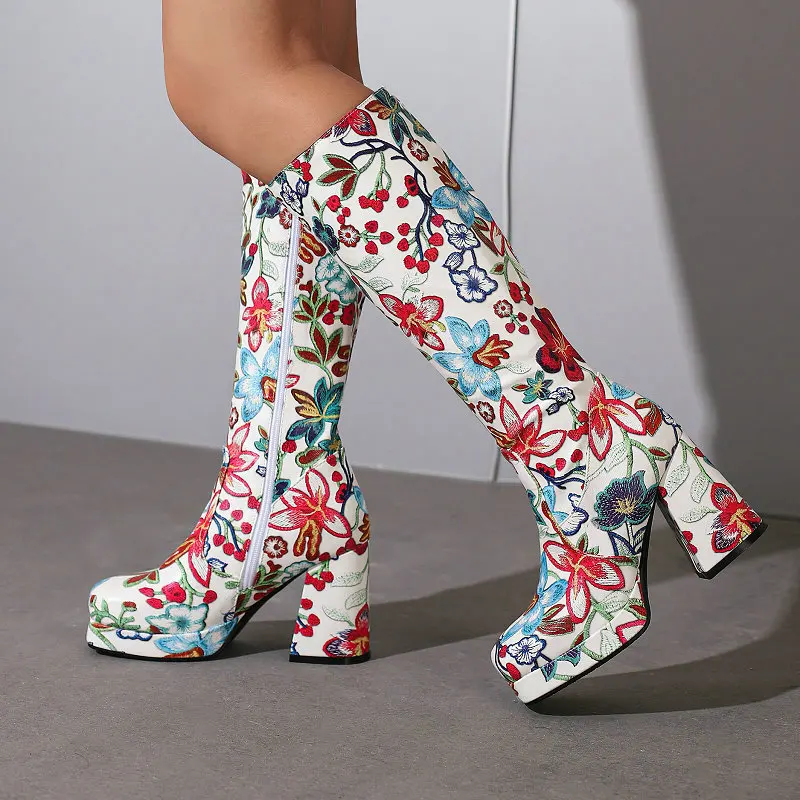 

Bohemian Print Flower Luxury Brand Designer Women Shoes Winter Chunky High Heels Big Size 33-48 Knee-high Stretch Platform Boots