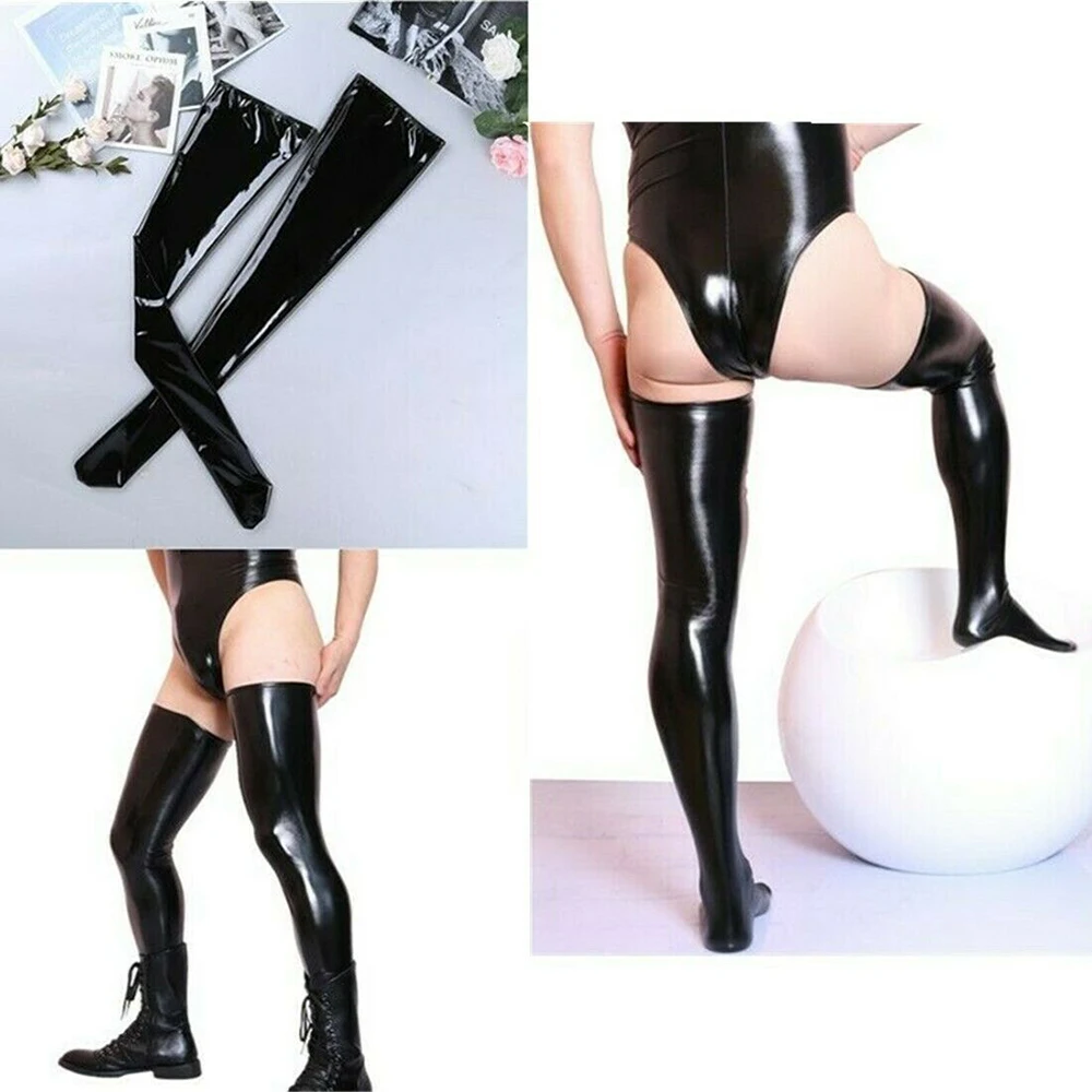 Sexy Men Sissy Socks Wet Look Latex Leather Stockings Thigh High Footed Pantyhose Dance Clubwear Gay Man Erotic Hosiery