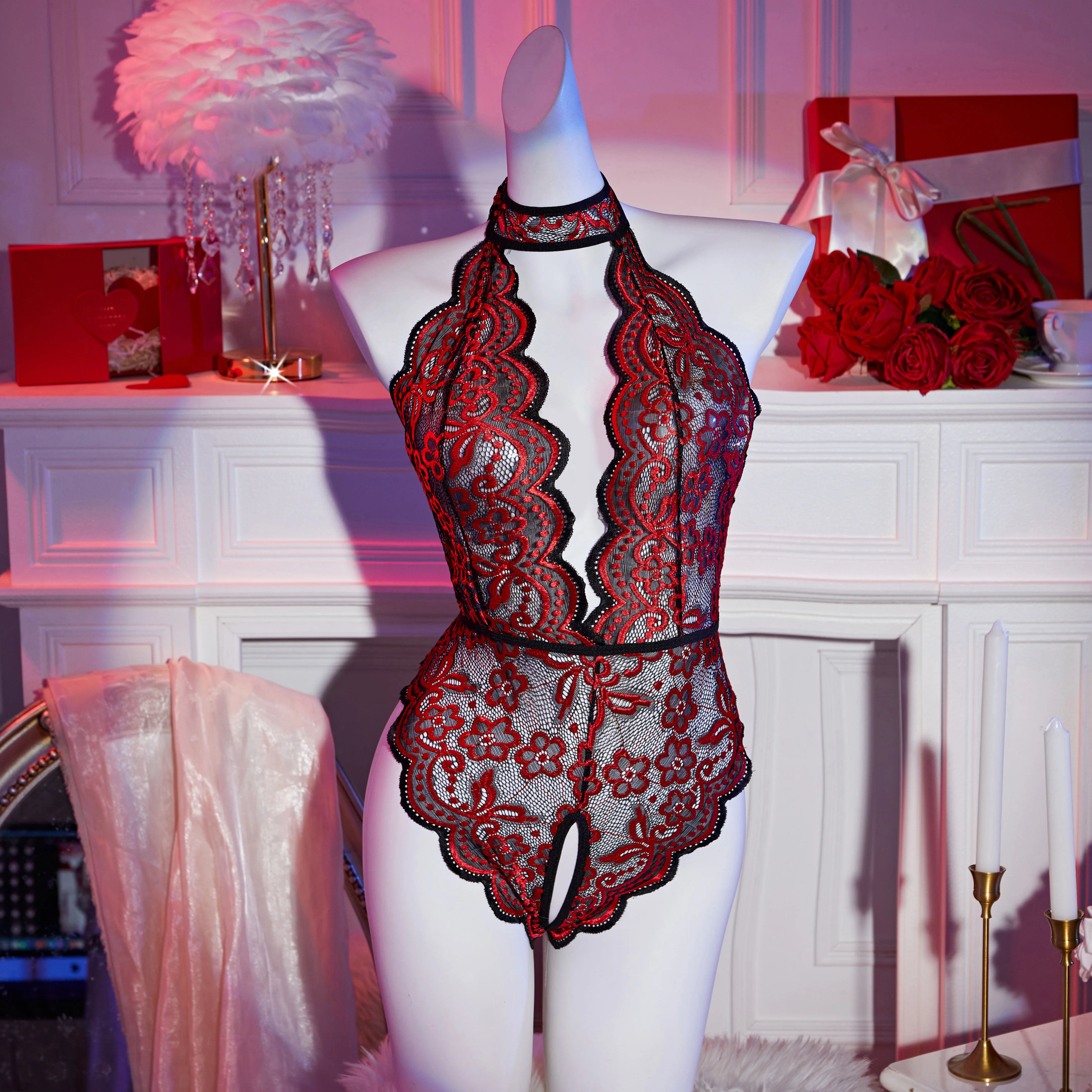 Sleepwear Women One Piece Valentine's Day Lace Backless Sexy Nightgown Jumpsuit Pajamas Pijama Mujer Sexy Erotic Mesh Lace