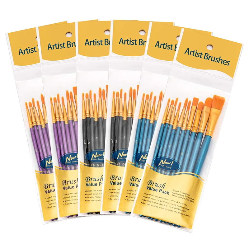 Acrylic Paint Brush Set 6 Packs / 60 pcs Nylon Hair Brushes for All Purpose Oil Watercolor Painting Artist Professional Kits