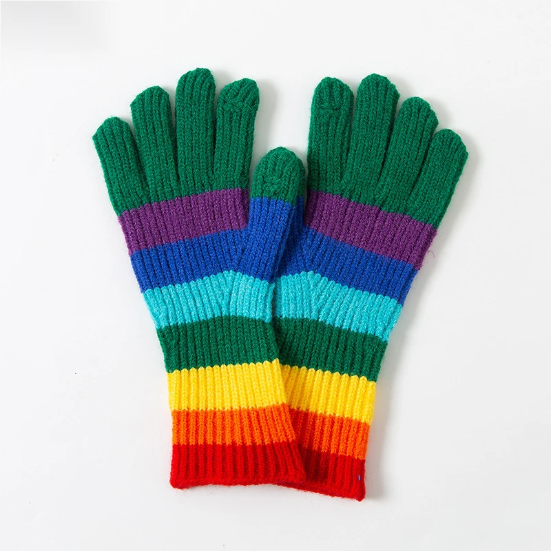 Winter warmth, thickened wool, rainbow stripes, couple's touch screen, cute gloves for men and women, two fingers_voghion.com