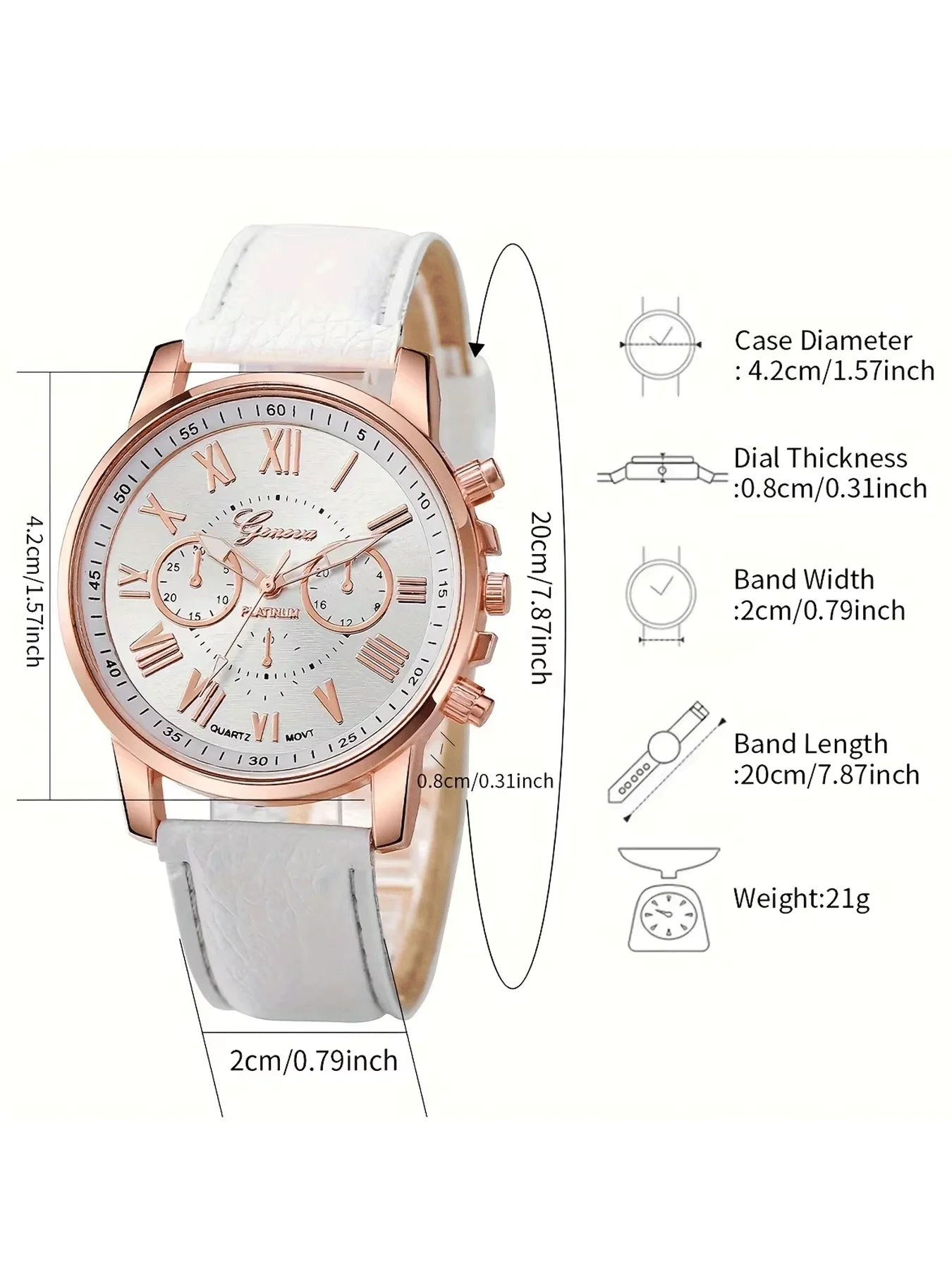 6pcs/set White Round Quartz Watch PU Leather Strap Zinc Alloy Pointer Zinc Alloy Case And Rhinestone