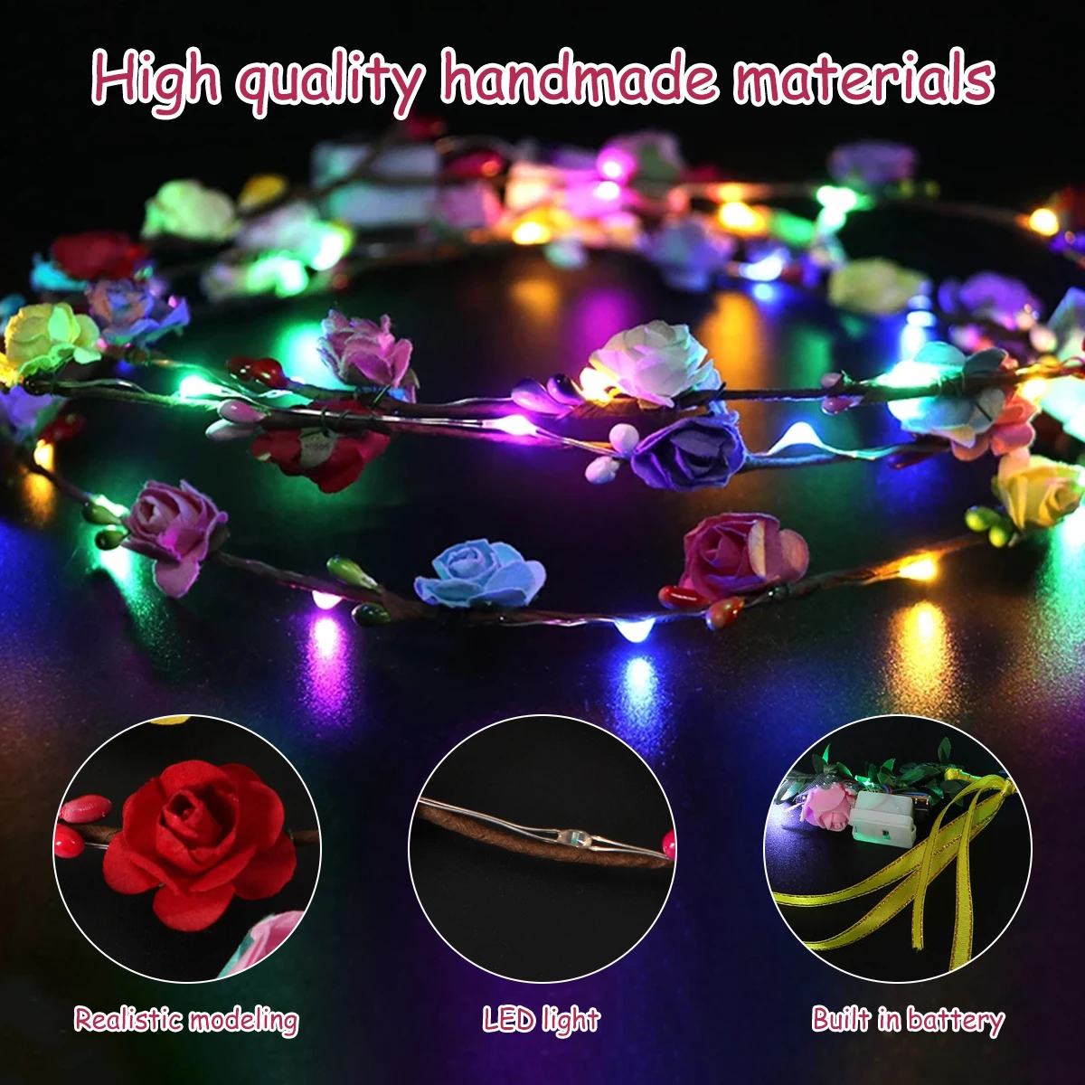 Corona Floreale Con Luci A LED Per Halloween, Feste E Matrimoni, Illuminata, Unisex, Regolabile