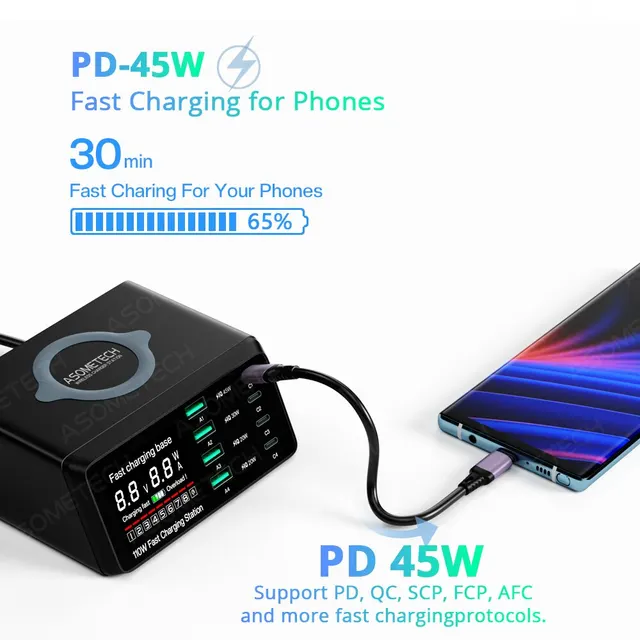 ASOMECH 110W USB tipo C cargador inalámbrico multi puertos cargador de teléfono rápido PD QC3.0 carga rápida para iPhone 14 13 Xiaomi - Image 3