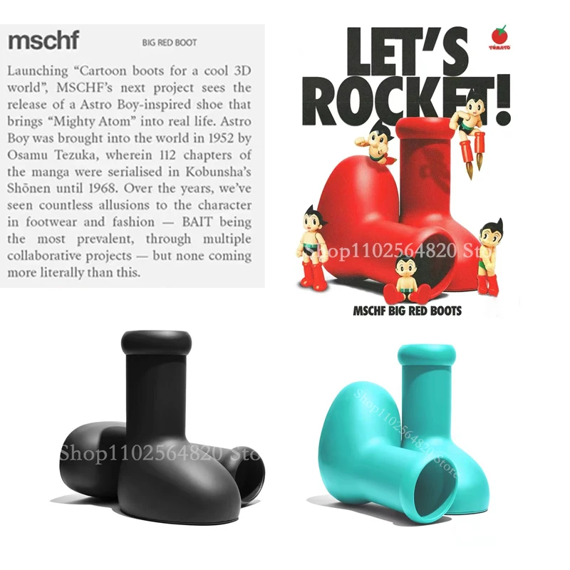 Red Boots Rain Boot Thick Bottom Big Round Toe Flat Slip-On New Fashion Cartoon Boots Women Men‘ Walk Show Shoes Cute Spring