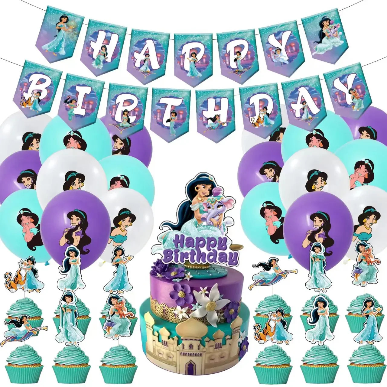 Birthday tableware set Birthday party supplies Party supplies Disposable tablecloth Princess Jasmine Birthday Party Decor Disposable Tableware Cup Plate Tablecloth Balloon Banner Set Baby Shower Supplies