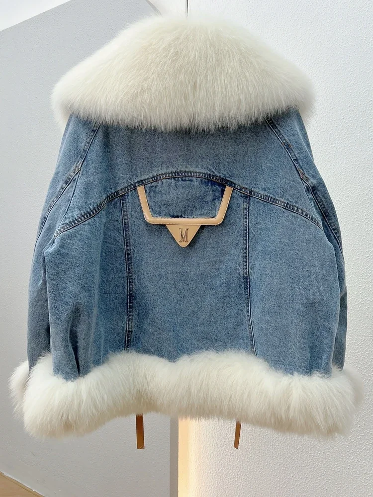 Fox Fur Collar Coat Denim Patchwork 2023 Winter New Goose Down Liner Overcome Young Women's Clothing Fashion Slim Fur Jackets