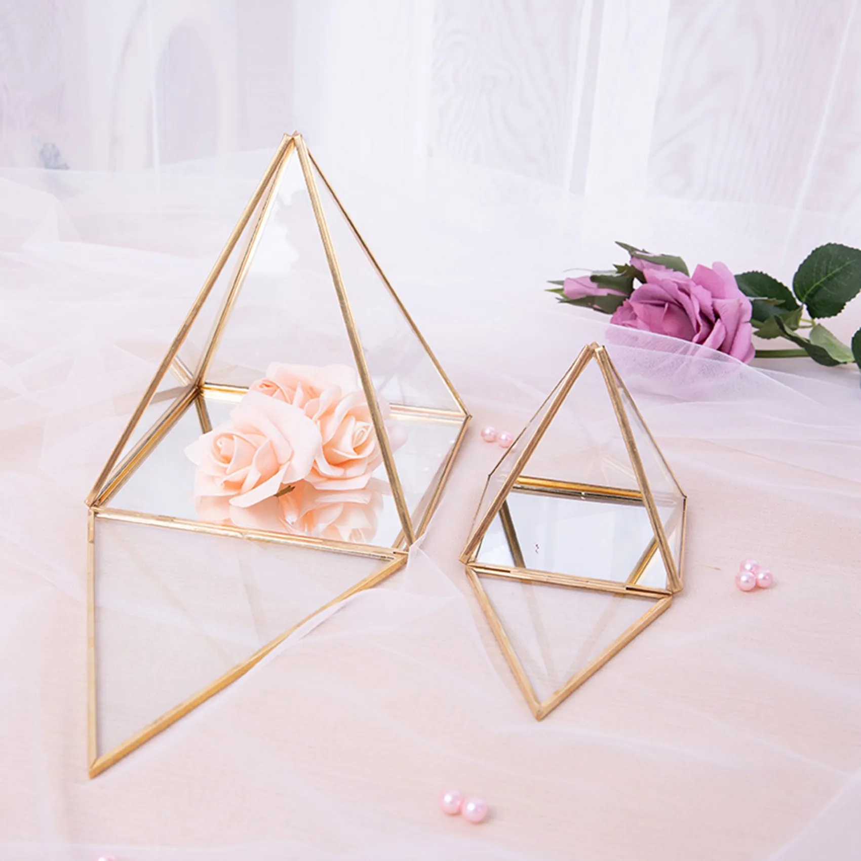 Glass Jewelry Box Golden Geometric Decorative Box Geometric Glass Pyramid Ring Holders for Wedding Birthday Gift S 3