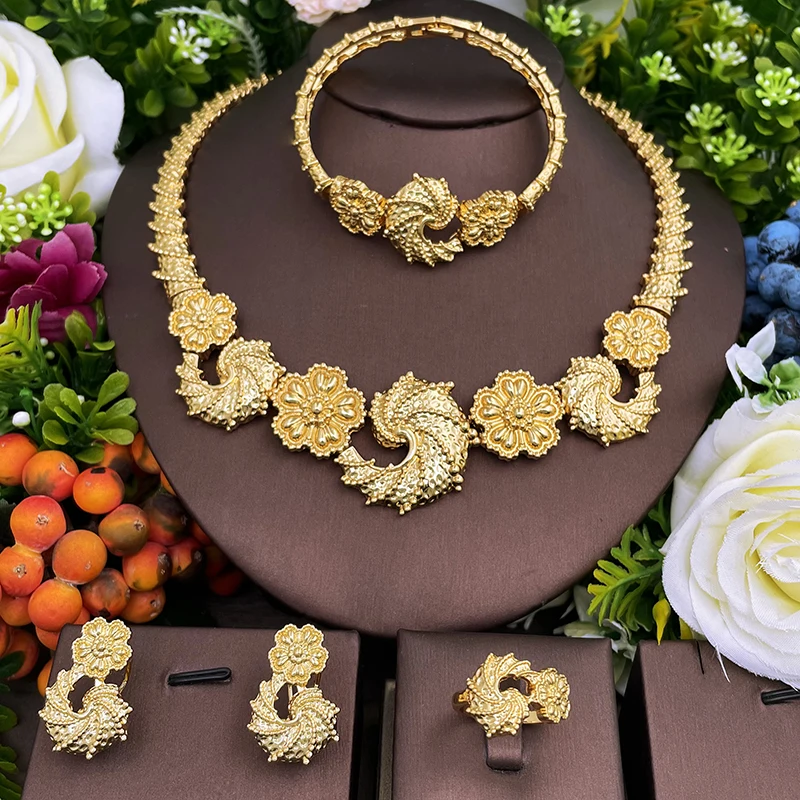 

Italian Brazilian Flower Shape Gold Plated Jewelry Set Necklace Earring Bracelet Ring 4Pcs Set For Bridal Women's Accessories