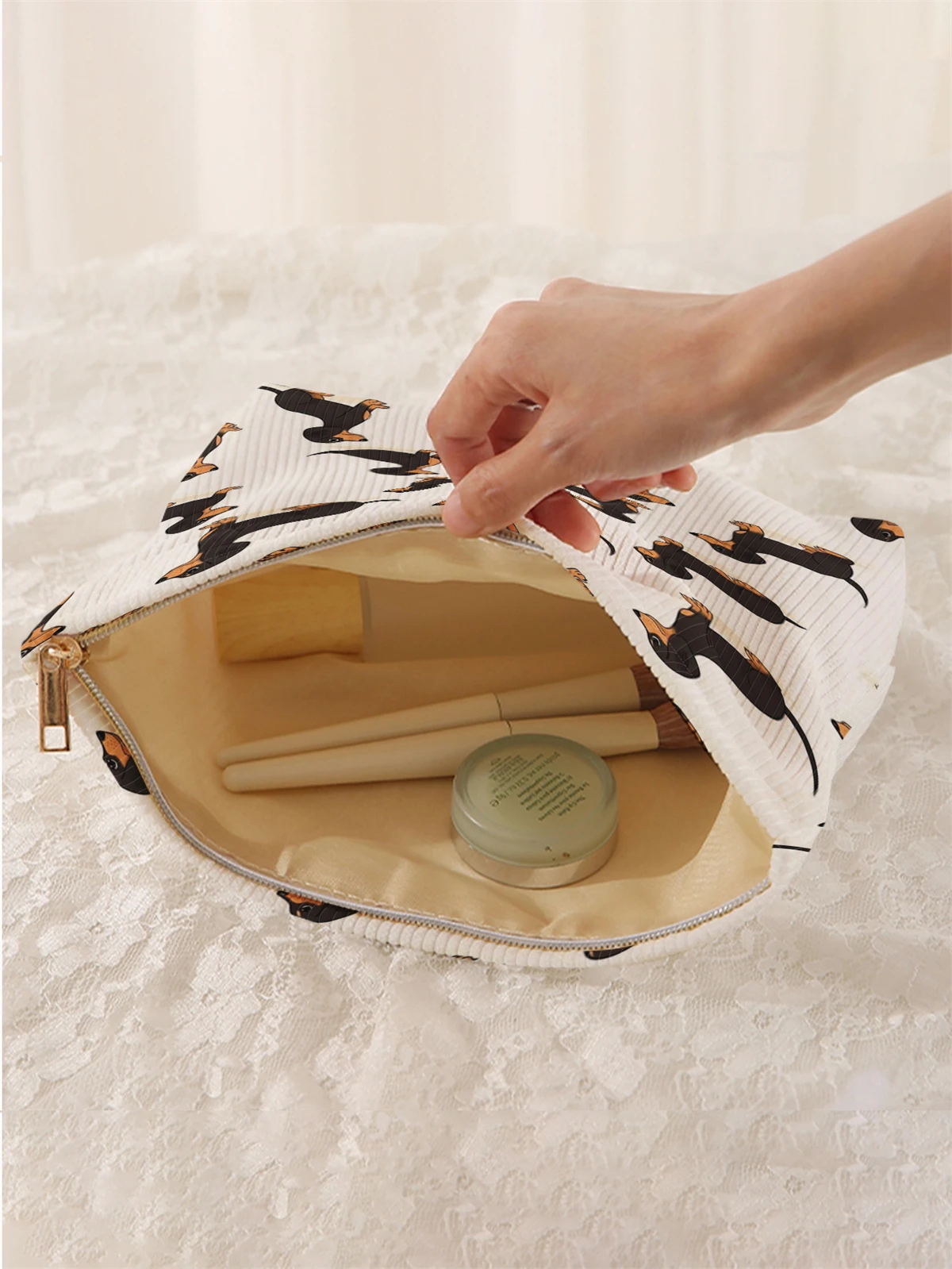 1pc cartoon dog pattern printed corduroy makeup bag, lightweight zipper makeup storage box, multifunctional bag with lining
