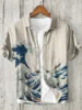 Kanagawa Surf Linen Men's Shirt Summer Hawaiian Shirt HD Pattern Comfortable Breathable Men's Clothing Fashion Button Design 1